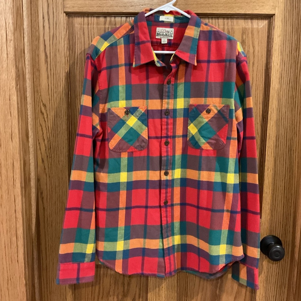 J.Crew Cottagecore Plaid Flannel Shirt L Slim Rainbow Cabin Core Button Up